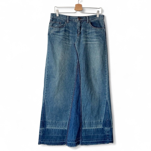 Y2K Vintage Express Distressed Denim Boho Maxi Skirt Raw Hem Back Open Size 7/8 - Picture 1 of 9